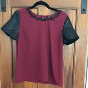 Guess Burgundy Beaded Blouse with Faux Leather Sleeves size Medium